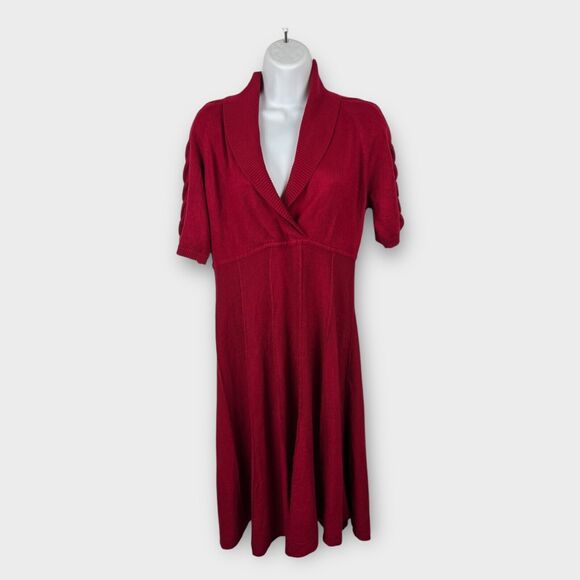 Jones New York Red Cable Knit Short Sleeve Drape V-neck sweater dress Medium - Picture 1 of 9